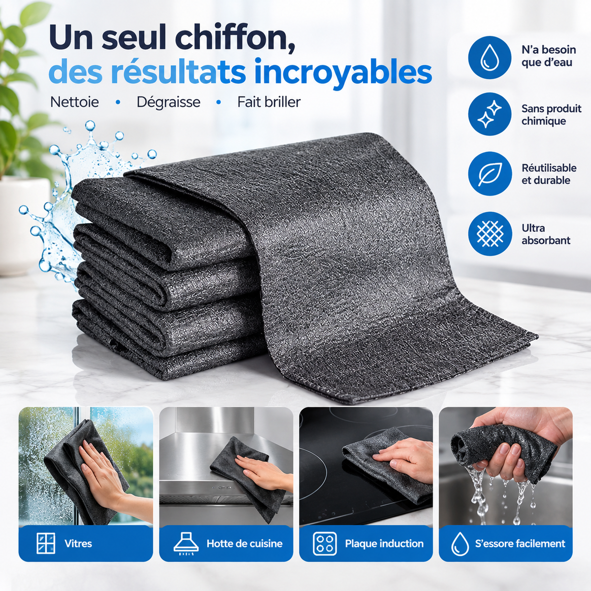 Chiffons microfibre gris anthracite Le Chiffon Magique pliés sur un plan de travail