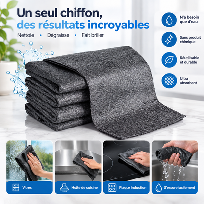 Chiffons microfibre gris anthracite Le Chiffon Magique pliés sur un plan de travail